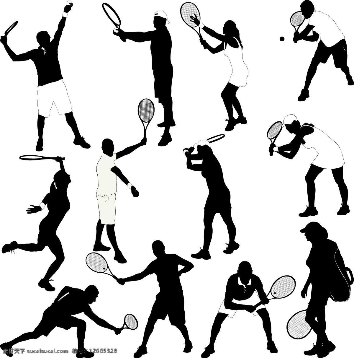 网球 人物 剪影 男子 女子 运动 网球物 矢量 高清图片