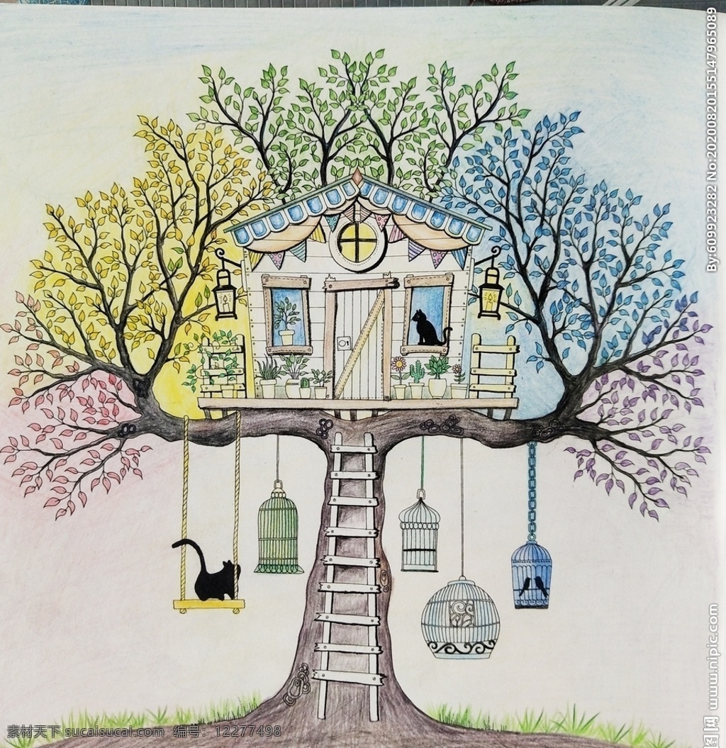 秘密花园树屋 秘密花园 树屋 猫 梯子 秋千 鸟笼 文化艺术 绘画书法