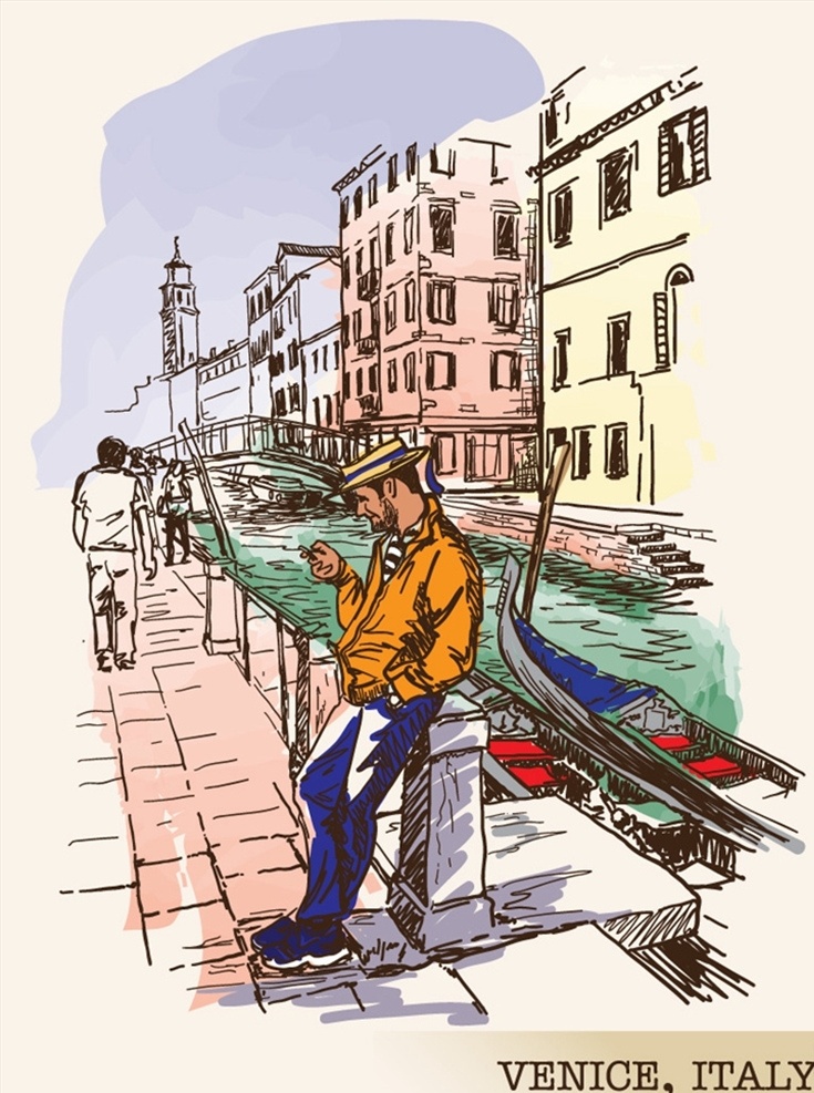 彩绘 威尼斯 风景图片 水上都市 百岛城 桥城 水城 意大利 矢量 高清图片