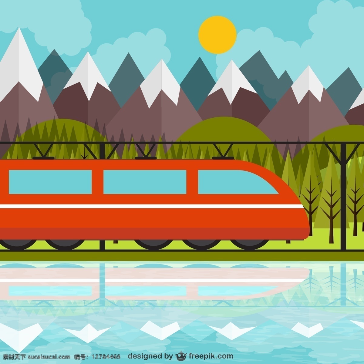 红色 精美 列车 美景 交通工具 火车 红色火车 轨道 树林 山 太阳 矢量素材 青色 天蓝色