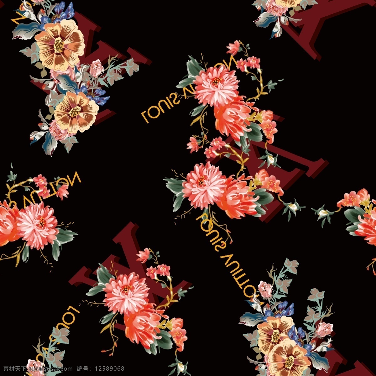 字母 加花 lv 字母加花 字母與花 字母和花 數(shù)碼印花 無縫圖案 花 大牌 大牌字母