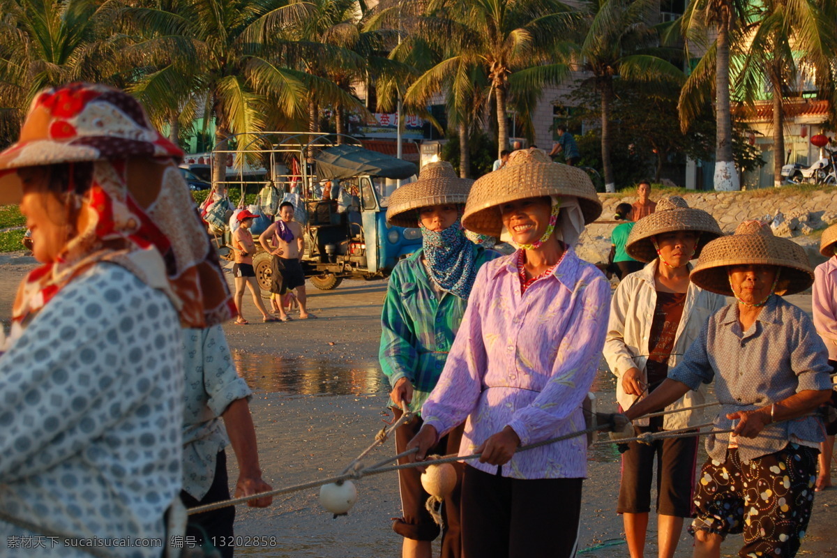 拉网 捕渔 女人 海滩 椰树 椰果 黄昏 渔民 夕阳 人物图库 日常生活 摄影图库