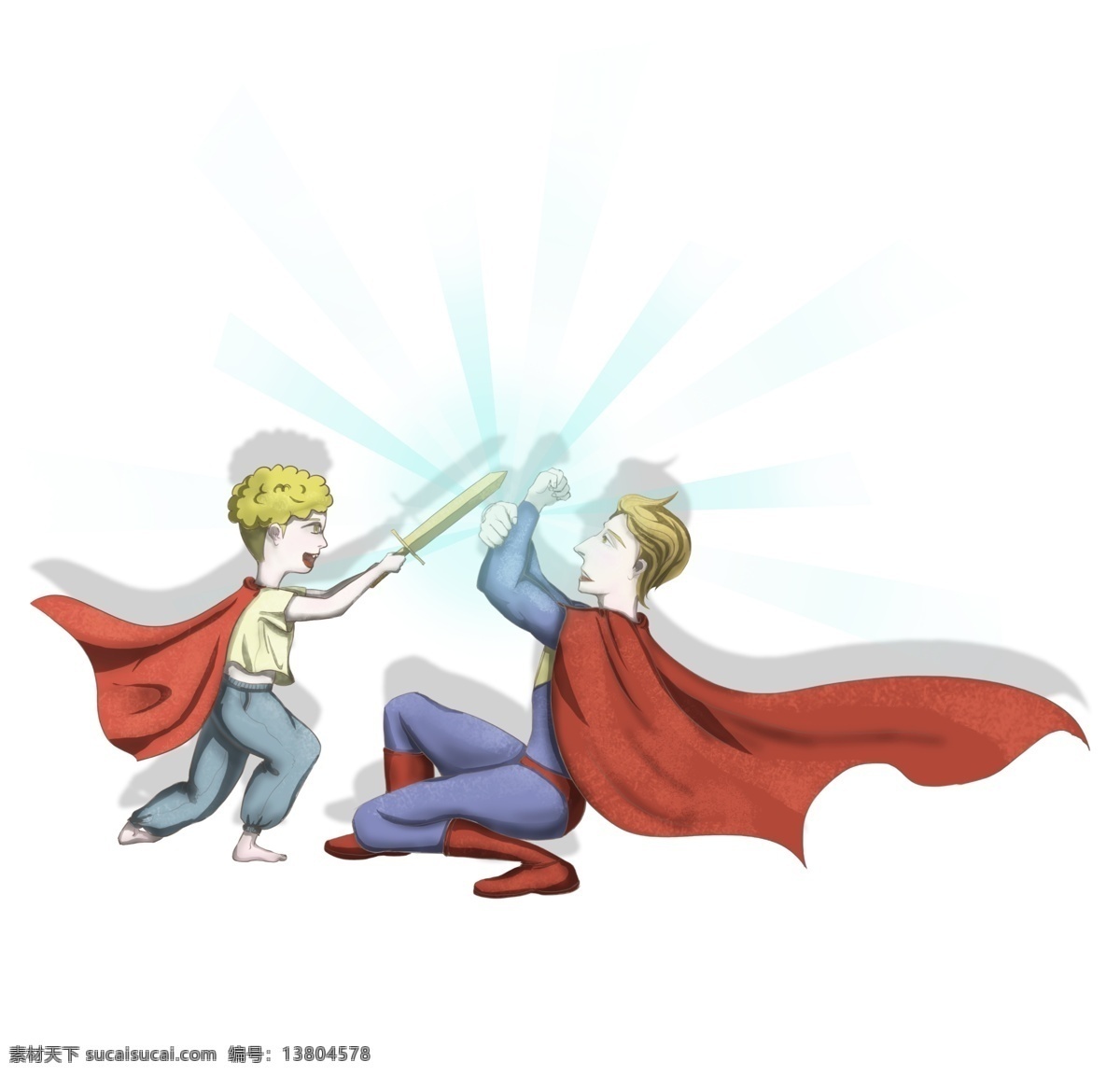 父親節(jié) 超人 爸爸 勇敢 兒子 手繪 超人爸爸 勇敢的兒子 穿 服裝 金發(fā)小孩 我愛爸爸