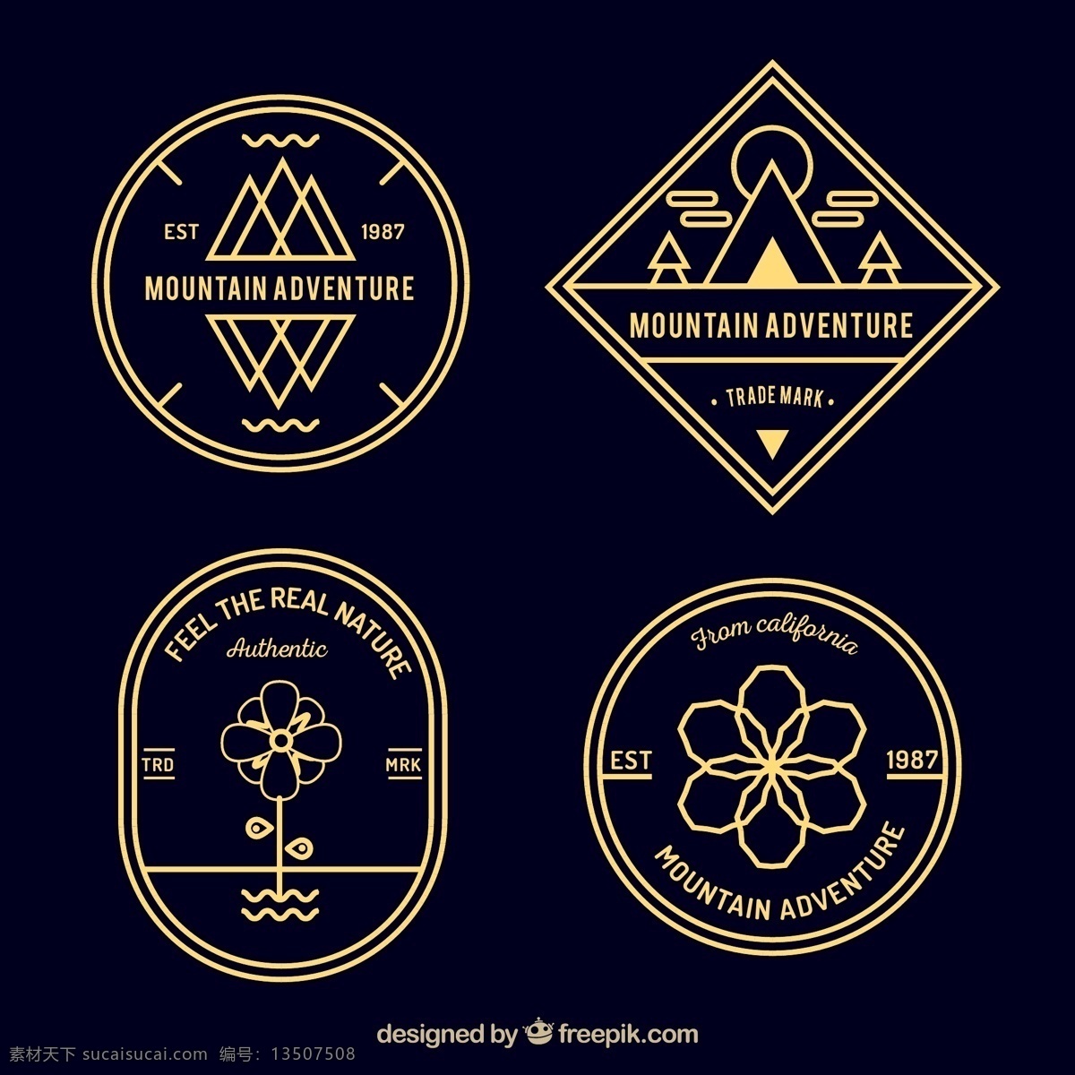 山地探险标签 山 登山 山地探险 标签 金色 户外运动 花朵 树 线性 时尚 ai格式 logo设计 黑色