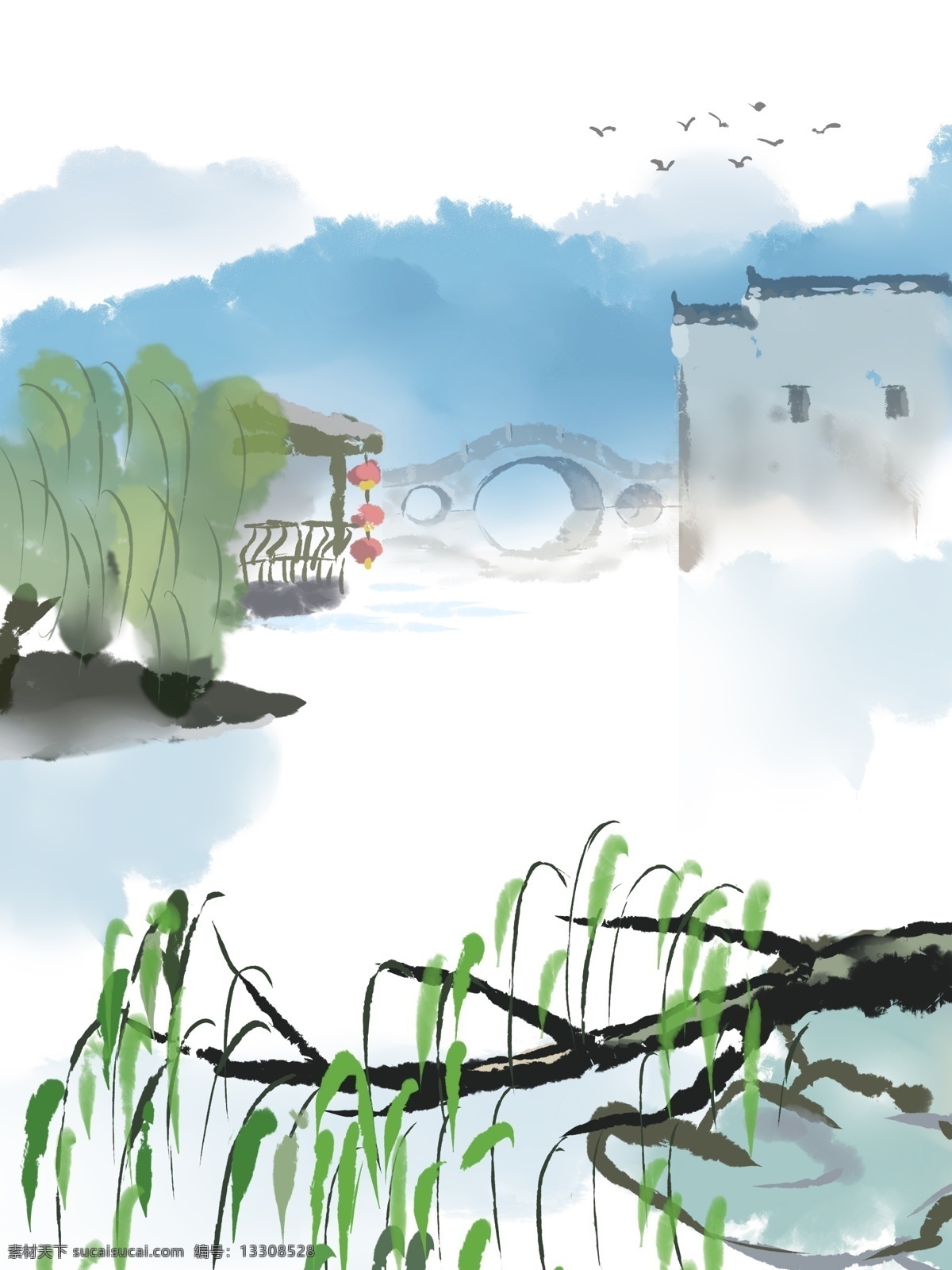 春天 手繪 江南 山水 插畫 背景 山水背景 廣告背景 手繪背景 卡通背景 江南風(fēng)景 柳樹背景