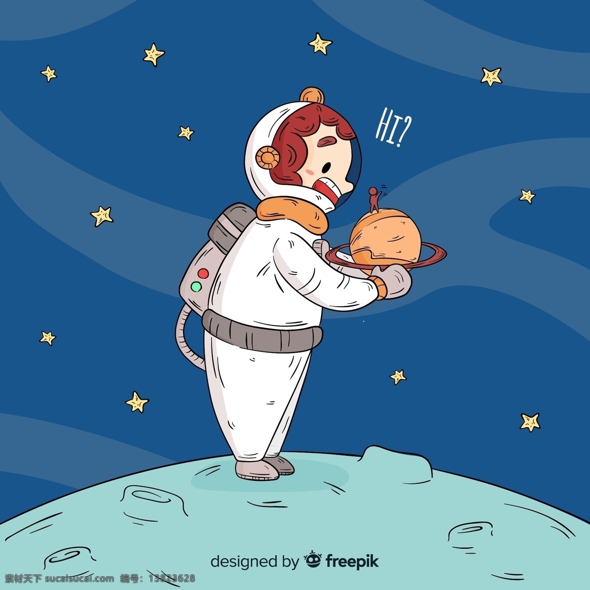 彩绘 抱住 土星 宇航员 语言气泡 探索 太空 科技 打招呼 外星人 抱 动漫动画 动漫人物