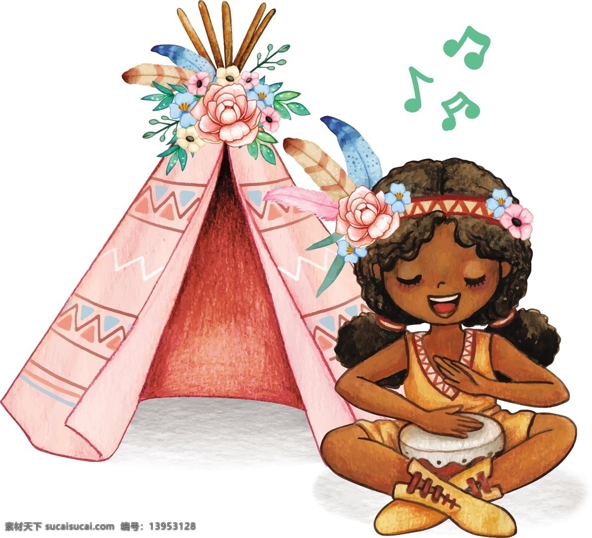 鮮花 帳篷 小女孩 水彩 創(chuàng)意 羽毛 綠葉 紅花 人物 人物圖庫 兒童幼兒