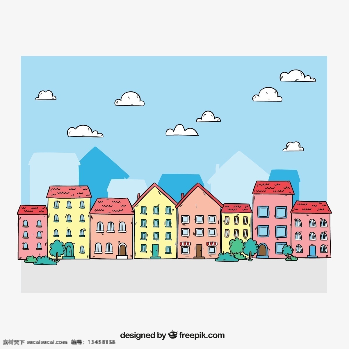 彩绘 小镇 楼群 建筑 云朵 树木 城镇 矢量图 矢量 高清图片