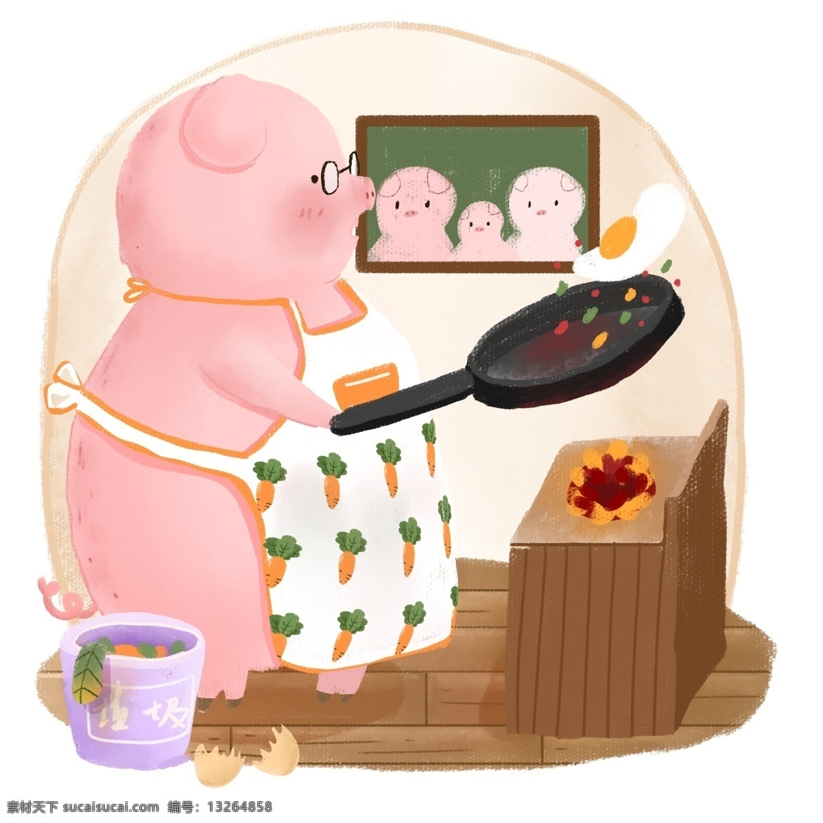 生肖 动物 猪 炒 蛋 做饭 卡通 可爱 儿童 手绘 插画 元素 卡通可爱