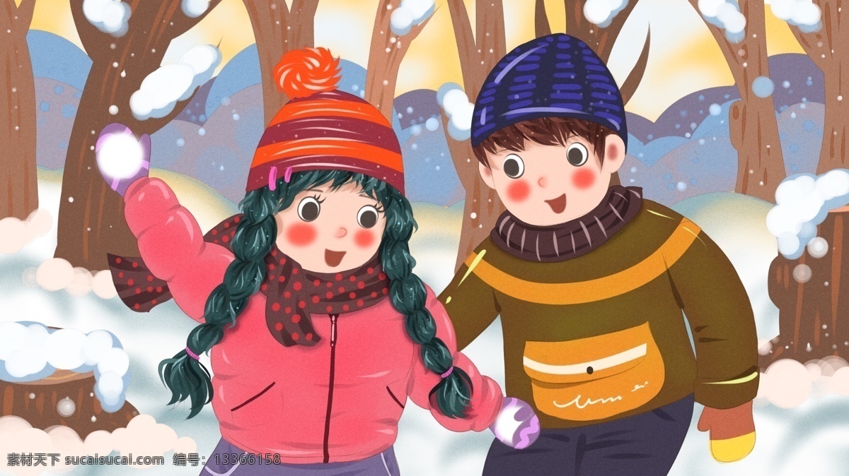 冬天 你好 山林 里 雪地 上 一起 玩耍 孩子 樹林 女孩 清新 可愛 帽子 冬天你好 村落 樹樁 男孩 麻花辮 一起玩 扁平 圍巾 手套