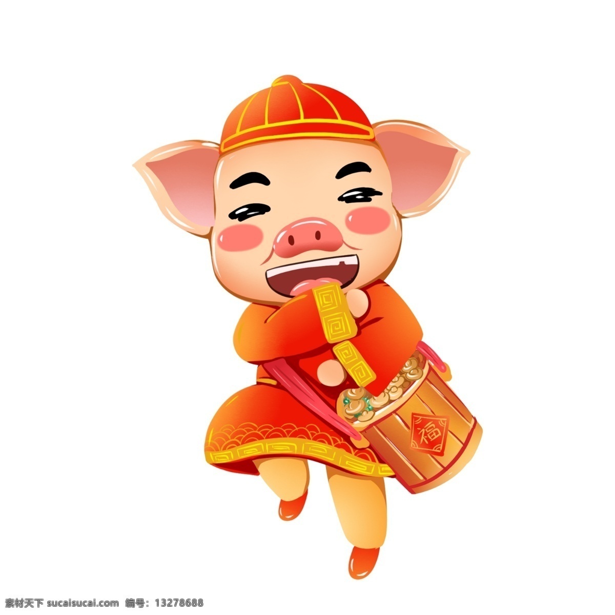 2019 春节 猪年 聚宝盆 生肖 猪 可爱 喜庆 商用 原创 手绘 插画 ip 形象 元素 拜大年