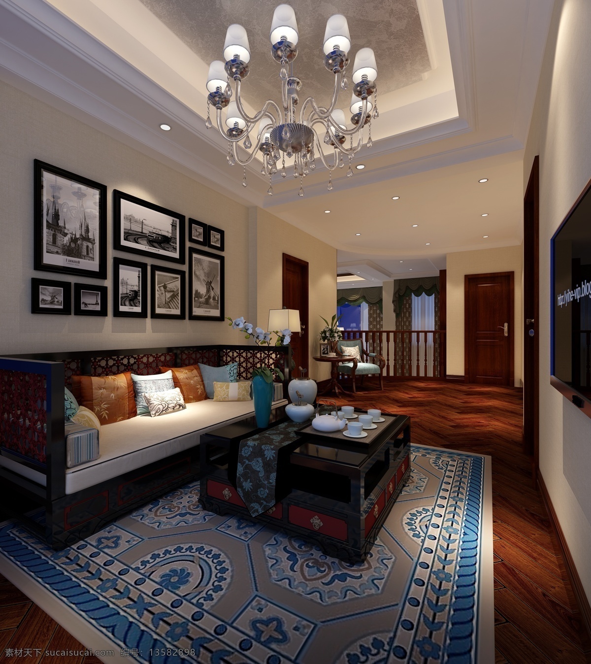 现代 客厅 异域风情 地毯 室内装修 效果图 客厅装修 蓝色地毯 水晶吊灯 方形茶几