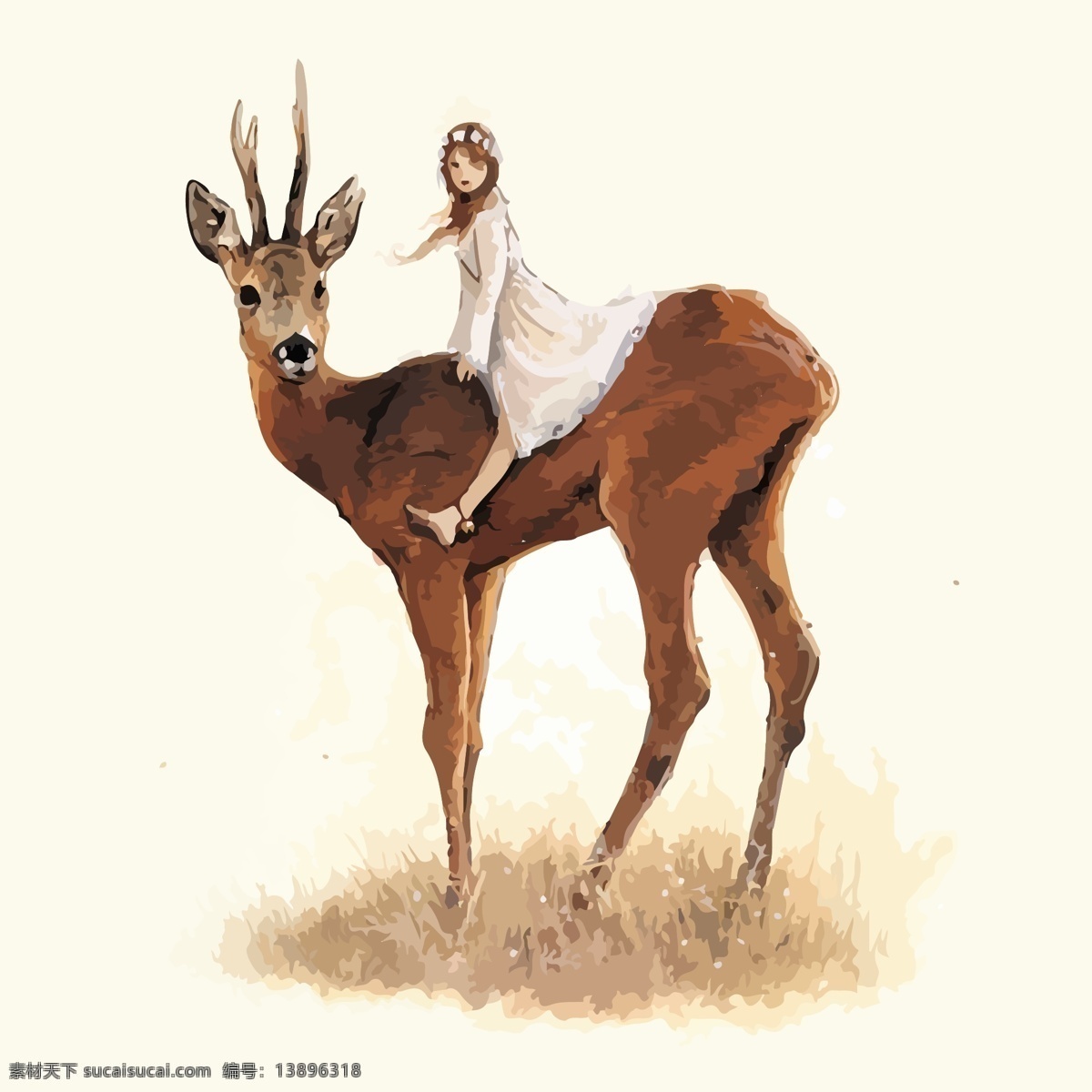 女孩 麋鹿 水彩 矢量 插画 水彩矢量 插画设计 唯美 美女 动物 生物世界 野生动物
