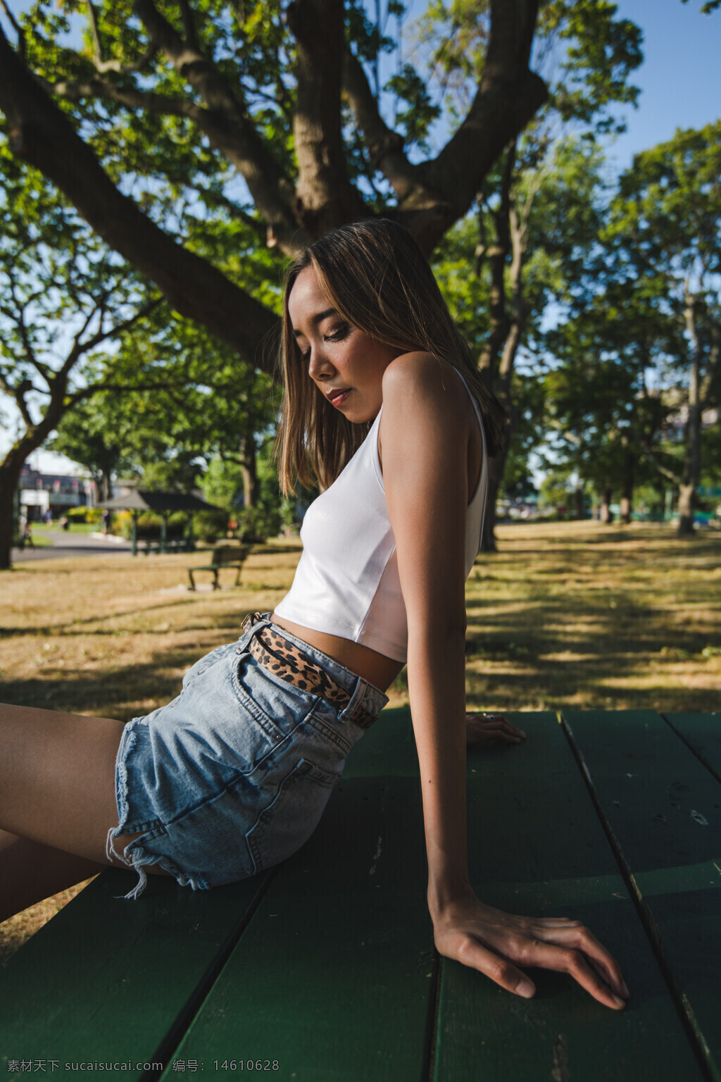 美女 長發(fā) 戶外 大樹 陽光 寫真 休閑裝 白色背心 公園 夏季 自然環(huán)境 坐姿 綠色桌子