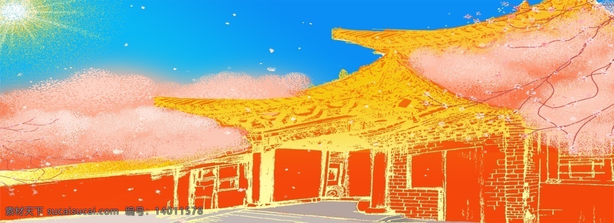 暖 阳 樱花 红色 古建筑 手绘 风景 背景 暖阳 插画 蓝天