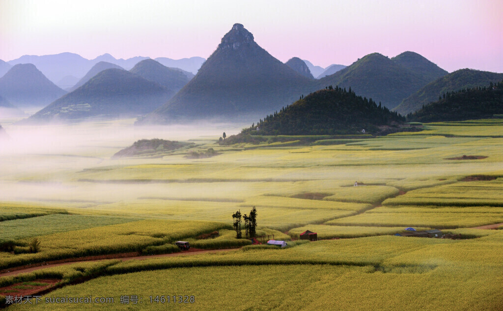 高山 平原 稻田 薄霧 遠(yuǎn)山 自然風(fēng)景 田園風(fēng)光 農(nóng)業(yè)景觀 清晨 綠植 鄉(xiāng)村 生態(tài)環(huán)境 山巒疊嶂