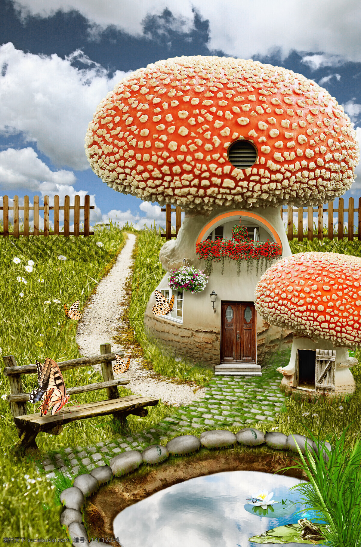 美丽 蘑菇 童话 小屋 童话小屋 蘑菇屋 蝴蝶 童话主题 水池 木椅 其他类别 生活百科 黄色