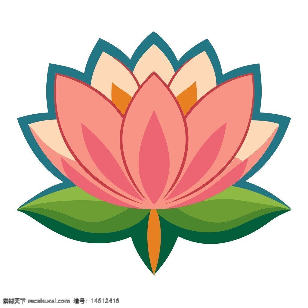 荷花 莲花 花卉 植物 水生植物 图案设计 插画艺术 清新风格 花瓣 绿色叶子 粉色花朵 简约风格 自然元素