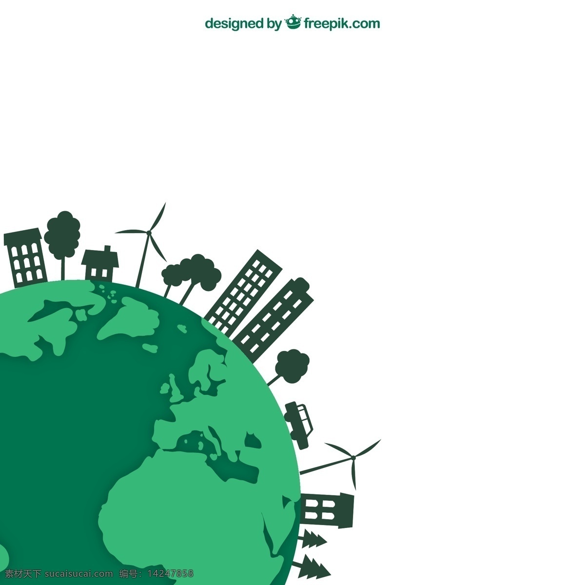 绿色生态 地球 楼房 建筑 发电风车 树木 绿色 矢量 高清图片