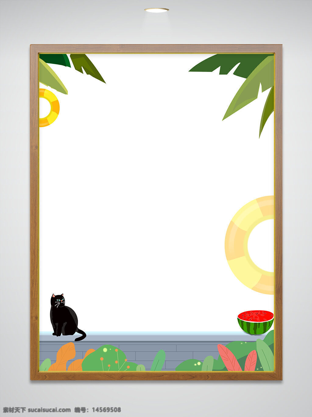 夏 纹理 墙 猫 西瓜 游泳圈 绿叶 植物 夏日 黑猫 椰树 手绘 插画 平面 背景