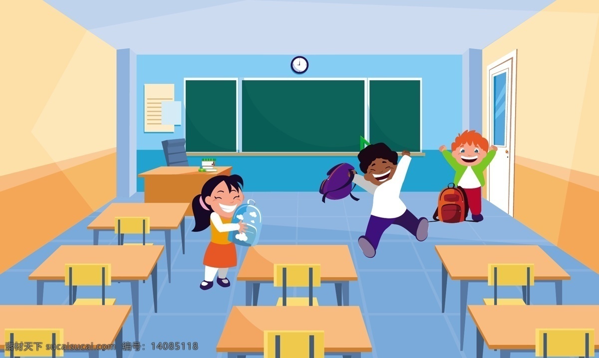 卡通 快乐 学生 卡通快乐学生 男孩 女孩 儿童 教室 课桌 黑板 在教室里 男生 女生 卡通儿童 卡通设计