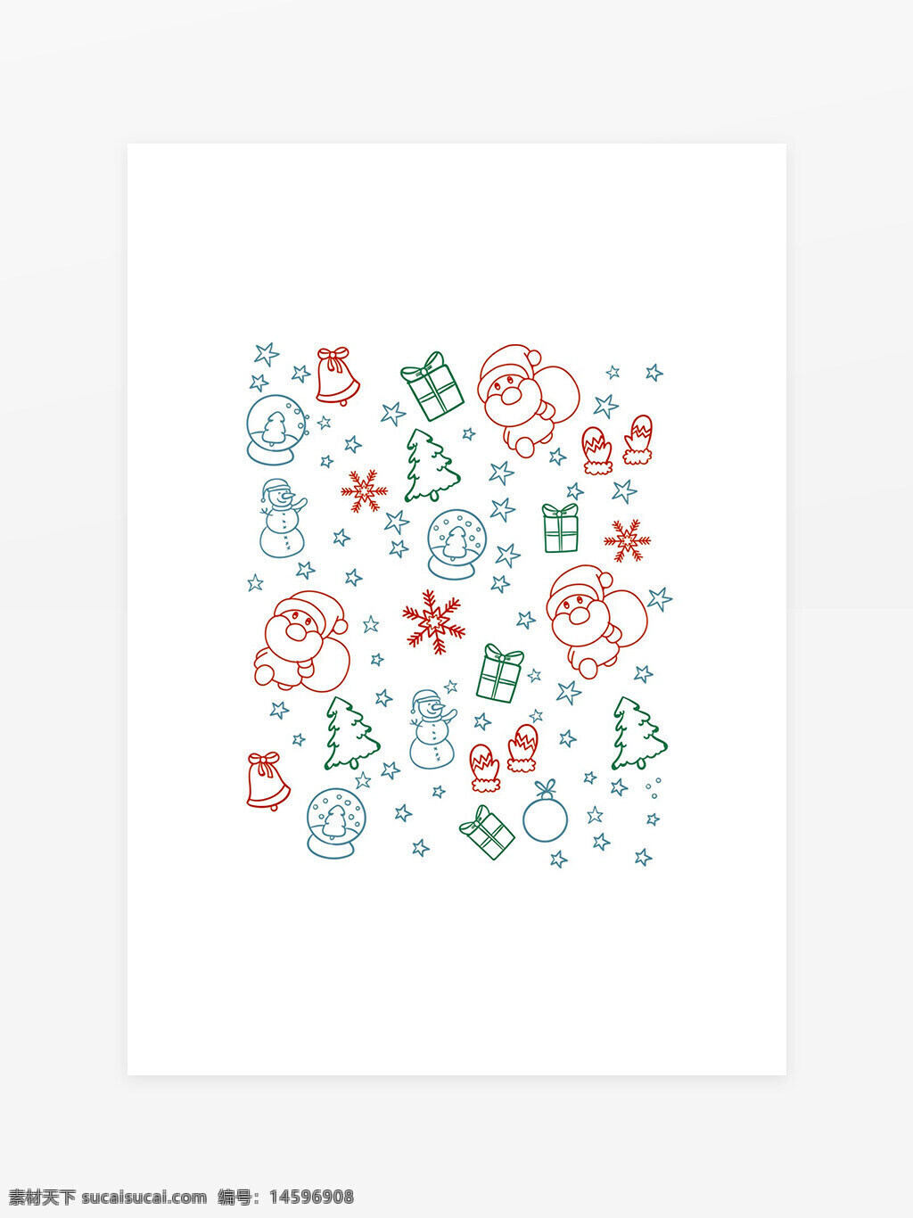 圣誕節(jié) 圣誕老人 雪人 圣誕樹 禮物 雪花 手套 鈴鐺 雪花球 星星 節(jié)日 冬季 節(jié)慶 裝飾 圣誕快樂 紅色 綠色 藍(lán)色 線條圖案 新年