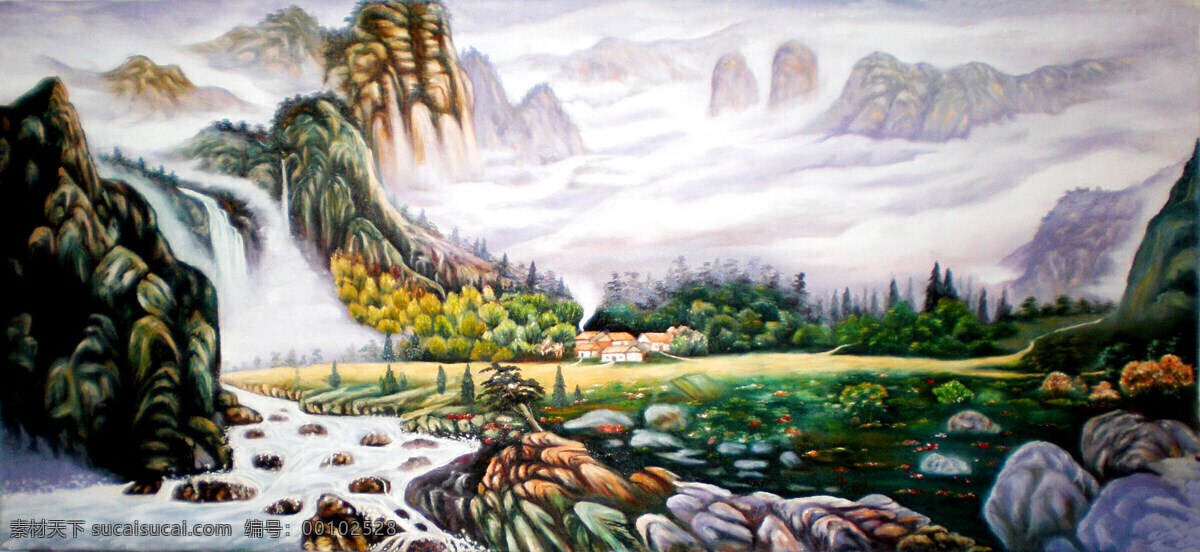 彩画 房屋 国画艺术 花木 画 绘画书法 瀑布 山川 山乡瀑声 山水 春山 山岭 溪流 山村 树木 石块 江流 云雾 书法 印章 山水情 文化艺术 装饰素材 雕刻 图案
