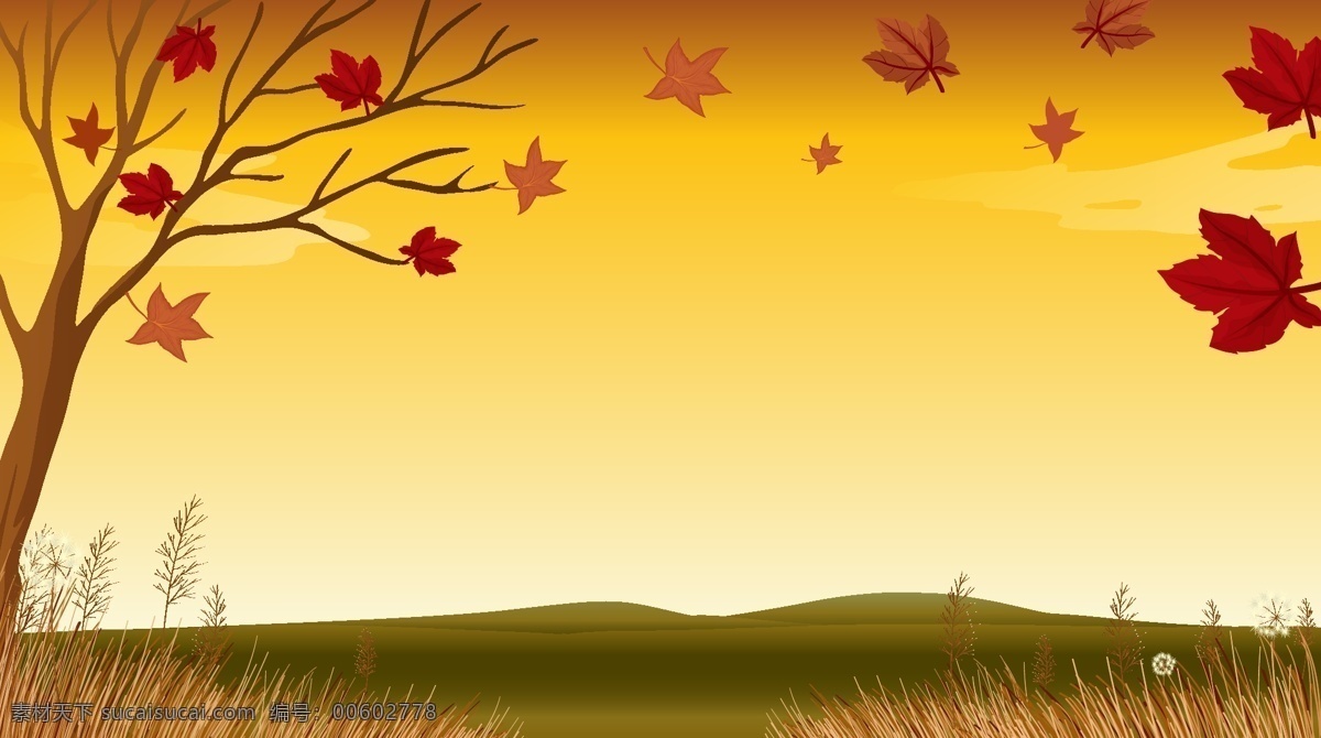 秋天 里 风景 插画 红叶 落叶 大树 秋季 叶子