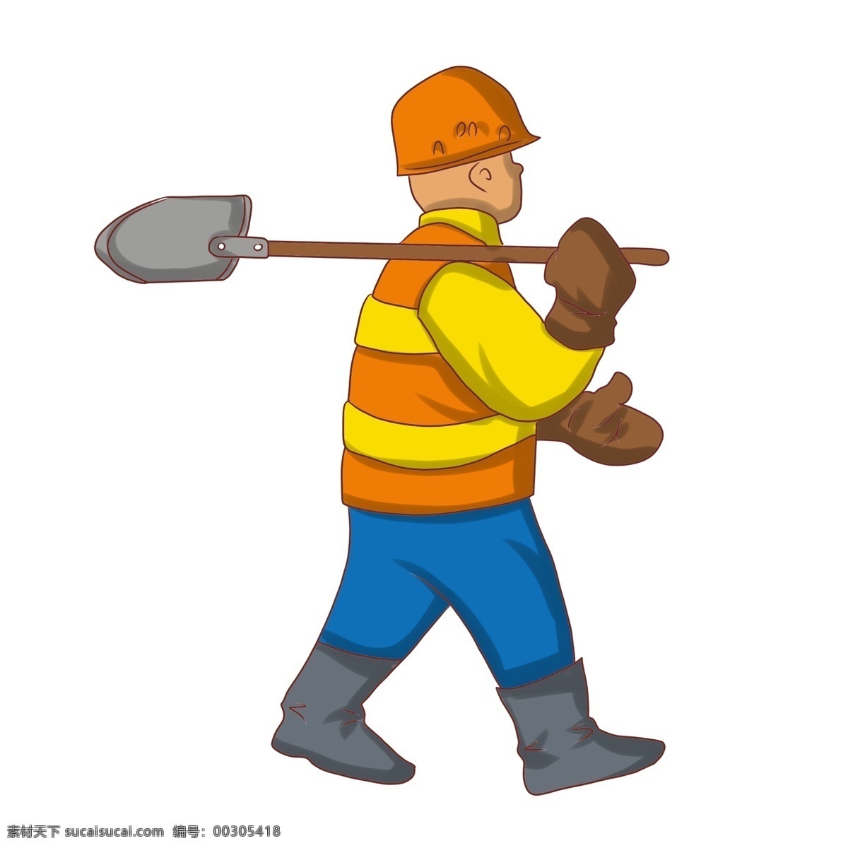 铲子 小 男孩 劳动节 人物 插画 灰色的铲子 黄色的安全帽 黄色的手套 卡通人物