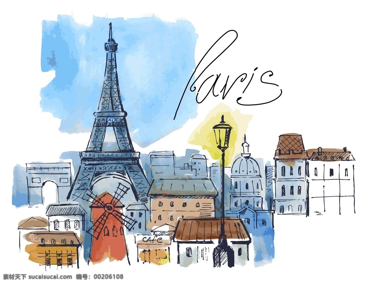 水彩 绘 巴黎 建筑 插画 手绘 房子 法国 浪漫 铁塔 城市 水彩绘