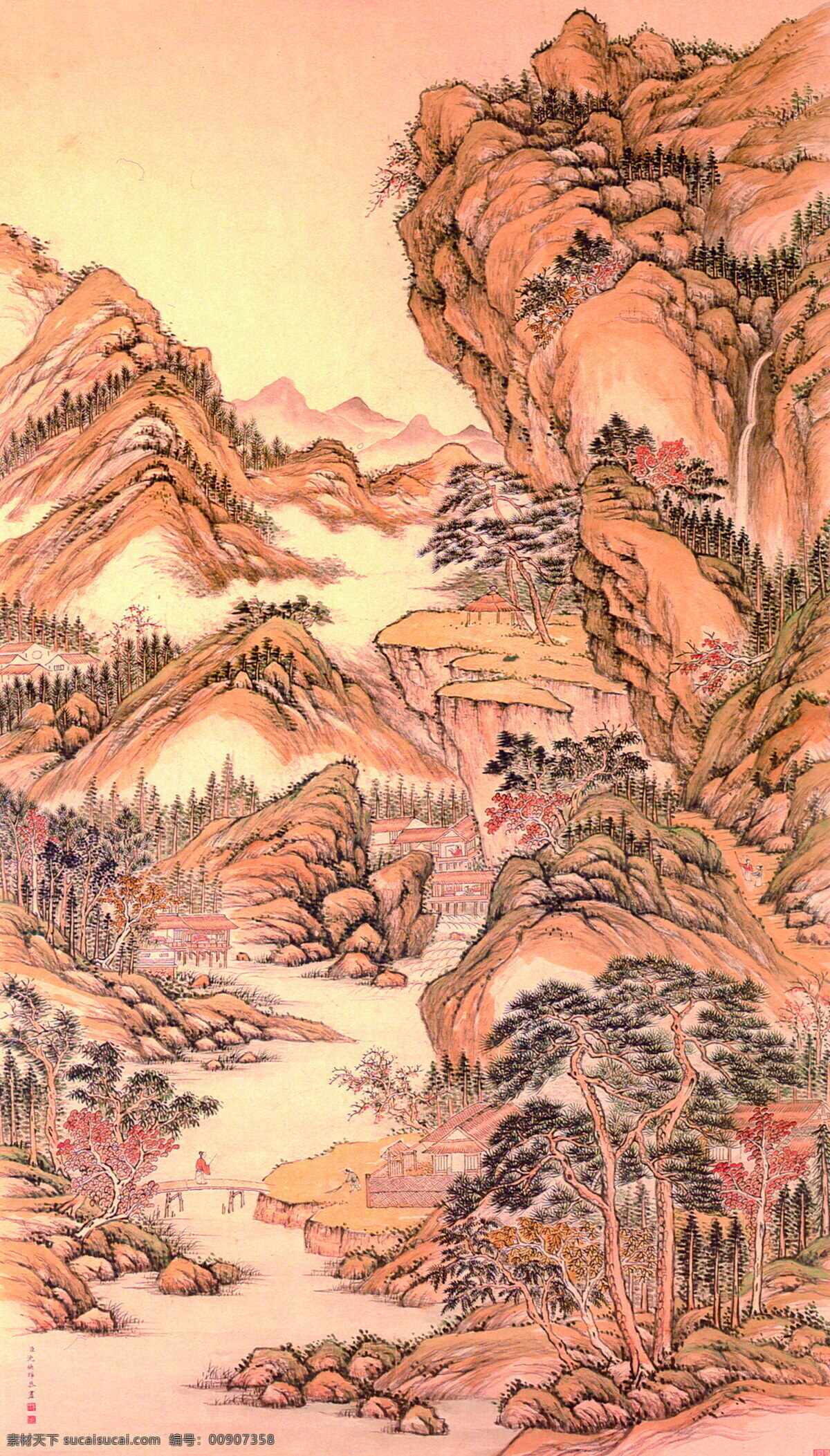 山水画 古代国画 古代山水画 国画艺术 绘画书法 美术 树木 文化艺术 云雾 中国画 山水画江流