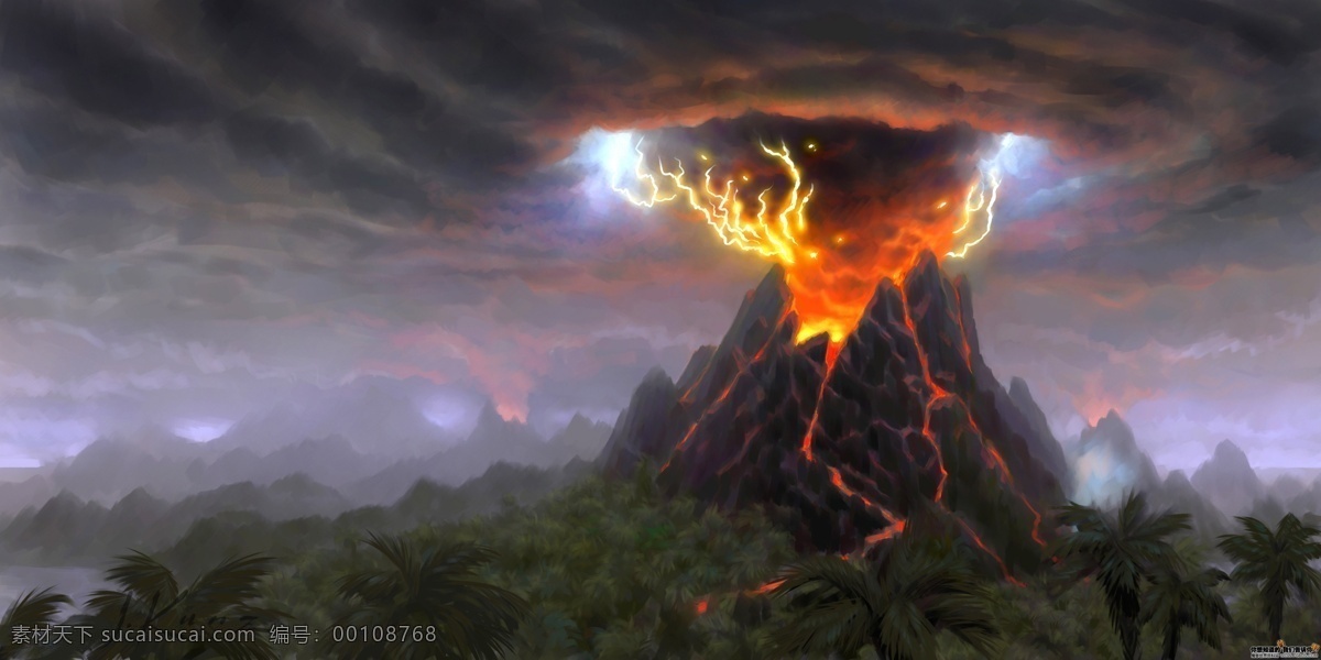 火山喷发 火山 风景漫画 动漫动画