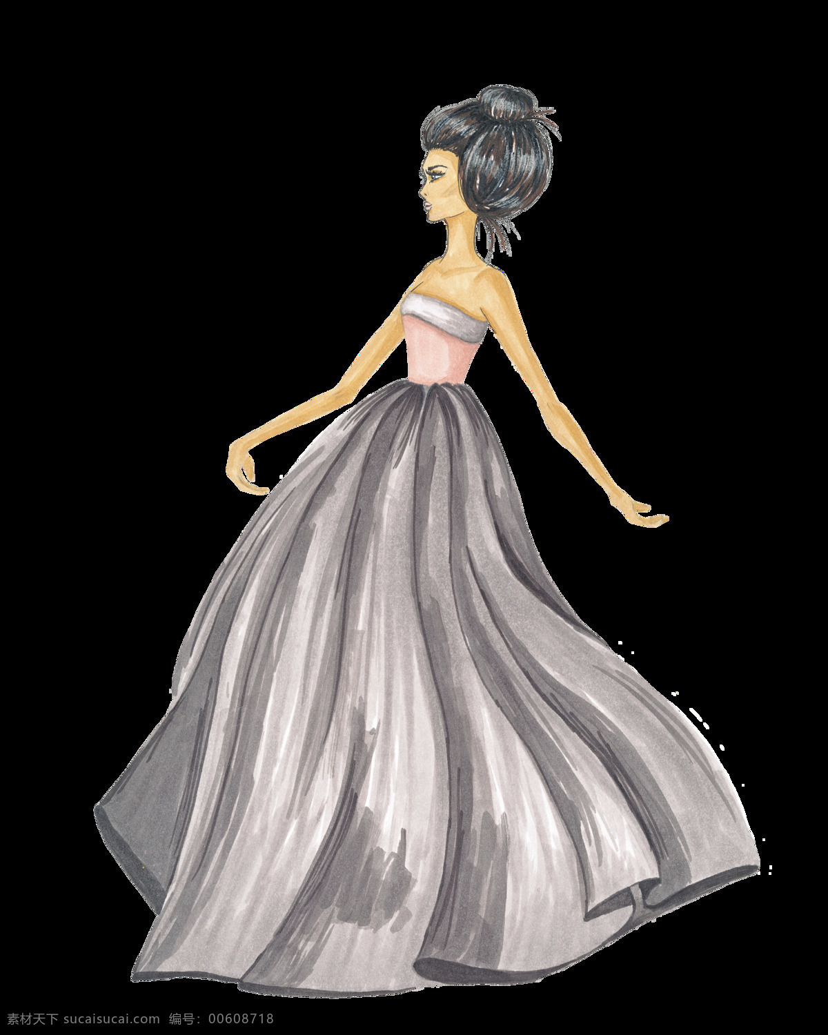 少女透明素材 少女 手绘 裙子 灰色 矢量素材 设计素材
