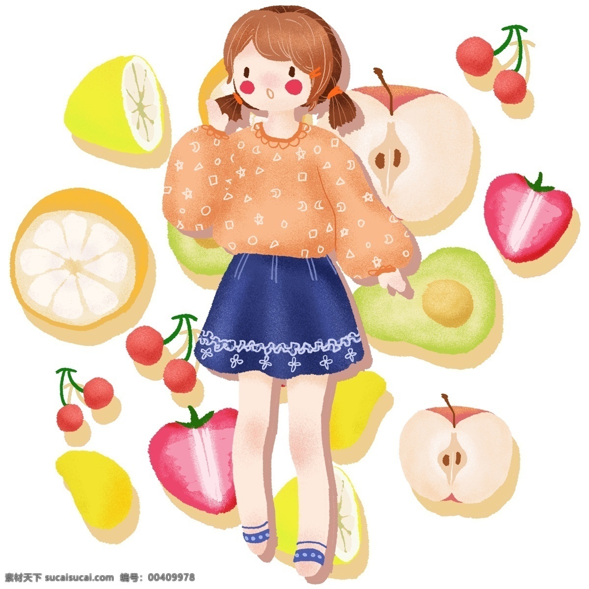 手绘 可爱 卡通 女孩 水果 健康生活 苹果 樱桃 草莓 橘子 柠檬 芒果 牛油果 橙子 健康 生活 女人 少女 学生 营养