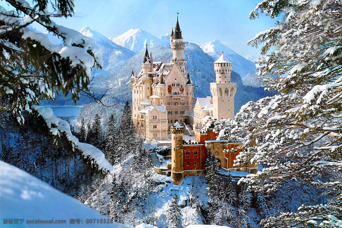 新天鹅堡 城堡 雪景 蓝天 天空 雪山 雪树 风景 自然风景 美景 建筑 高清图片 旅游摄影