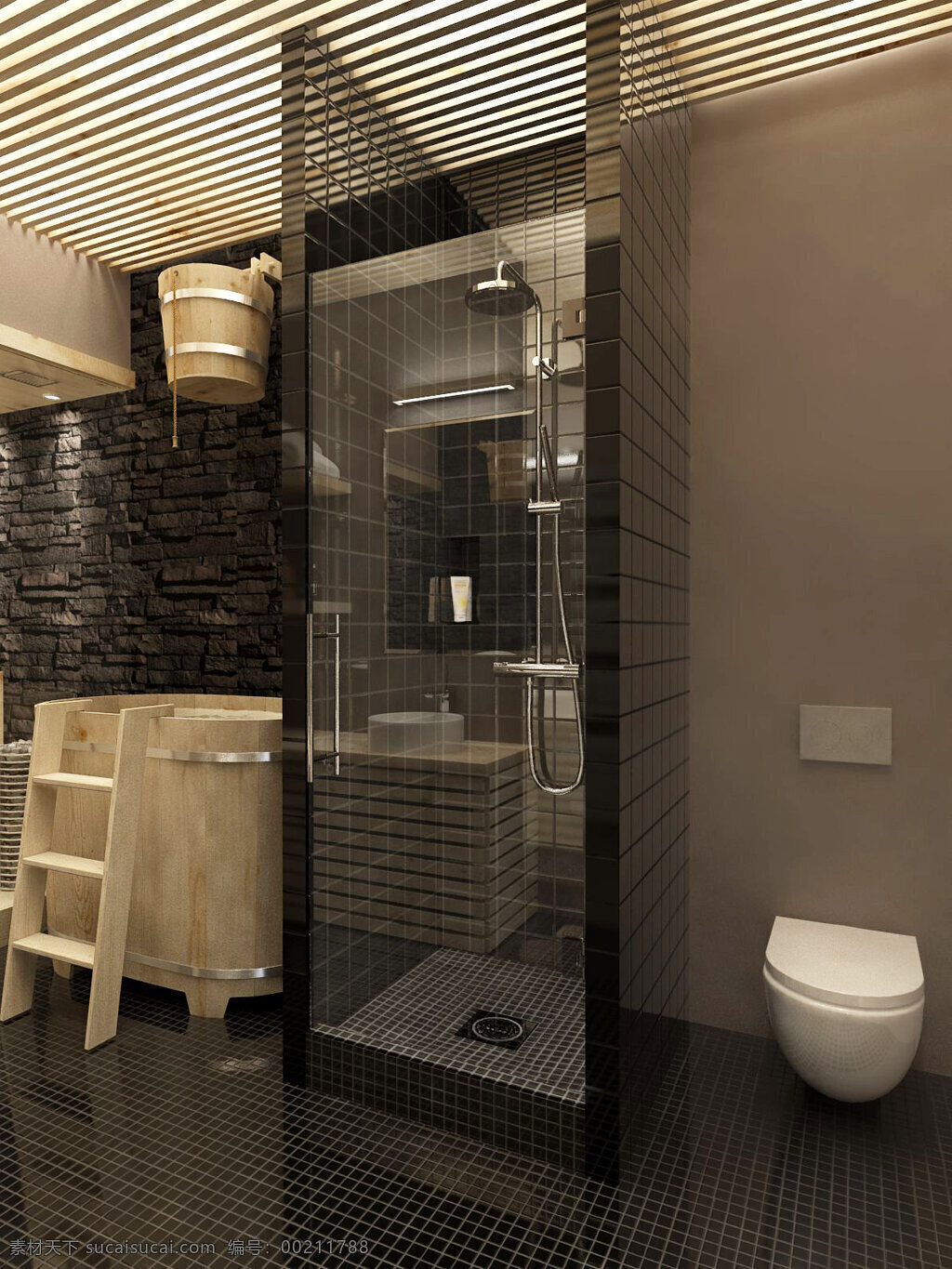 现代 精致 卫生间 褐色 背景 墙 室内装修 效果图 黑色地板 浅褐色背景墙 卫生间装修 浴室装修