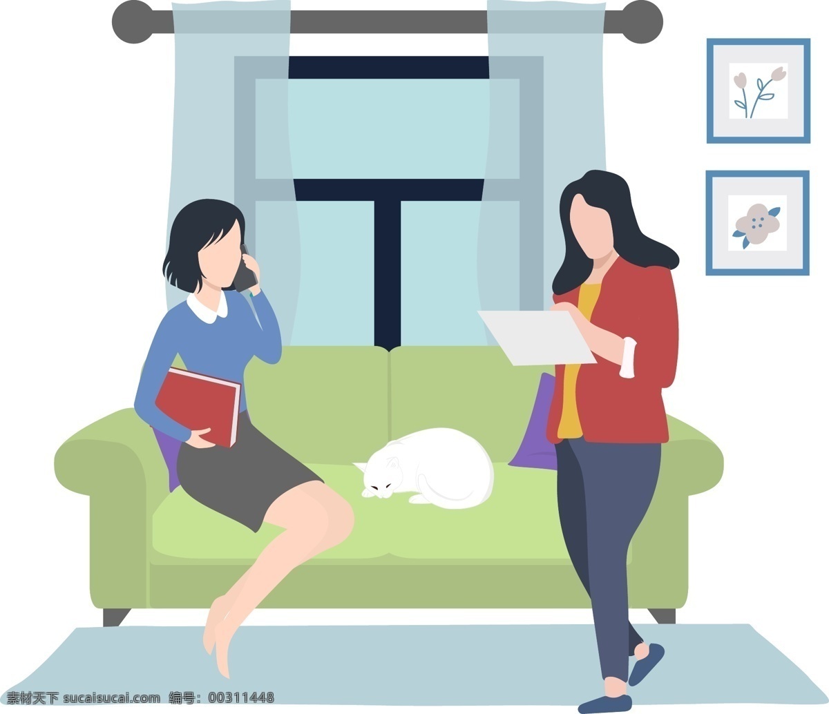 卡通 插 画风 房间 里 两个 女人 坐在 沙发 上 打电话的女人 猫咪 室内 站 长发