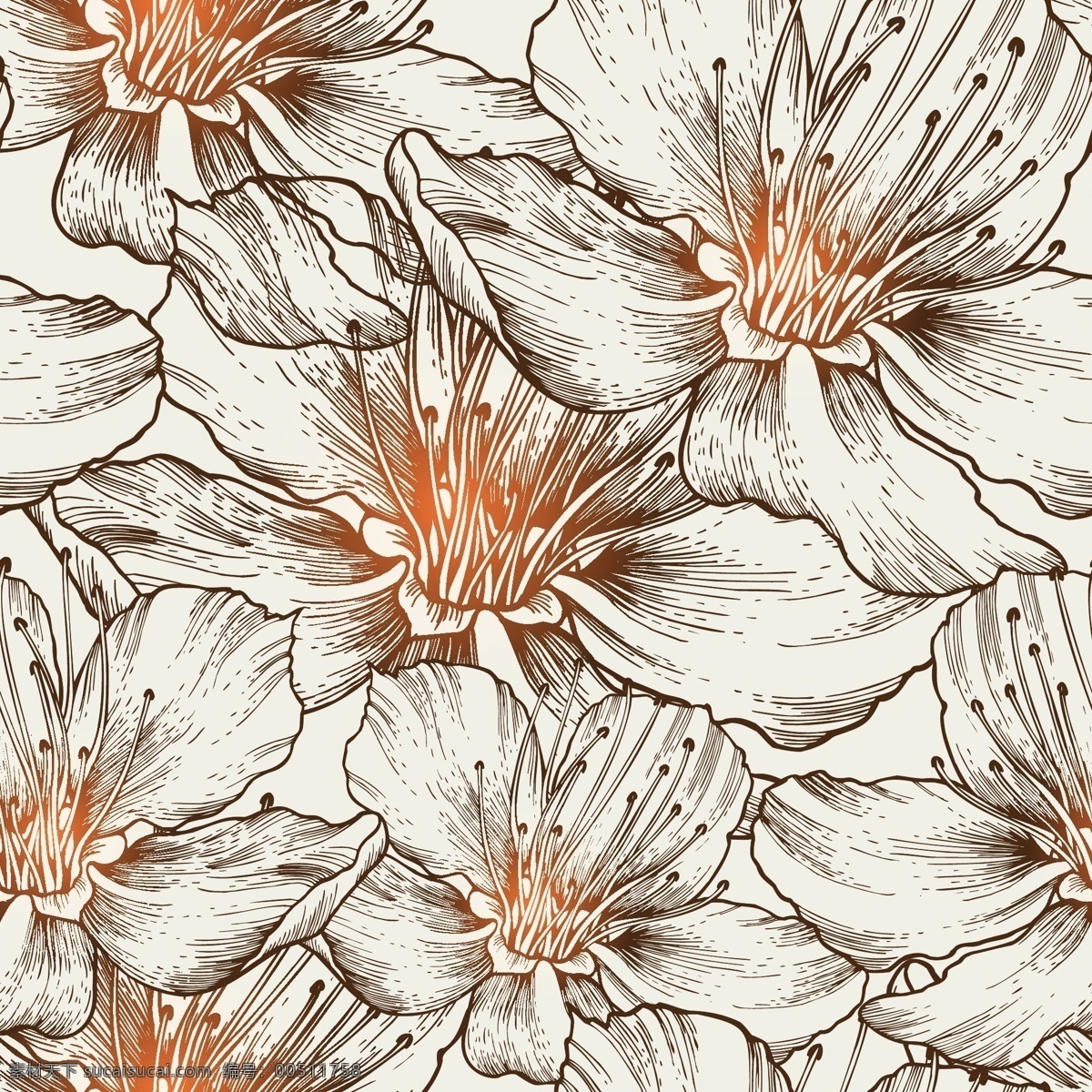 复古 花卉 背景 花朵 手绘 线条 植物 矢量图 花纹花边
