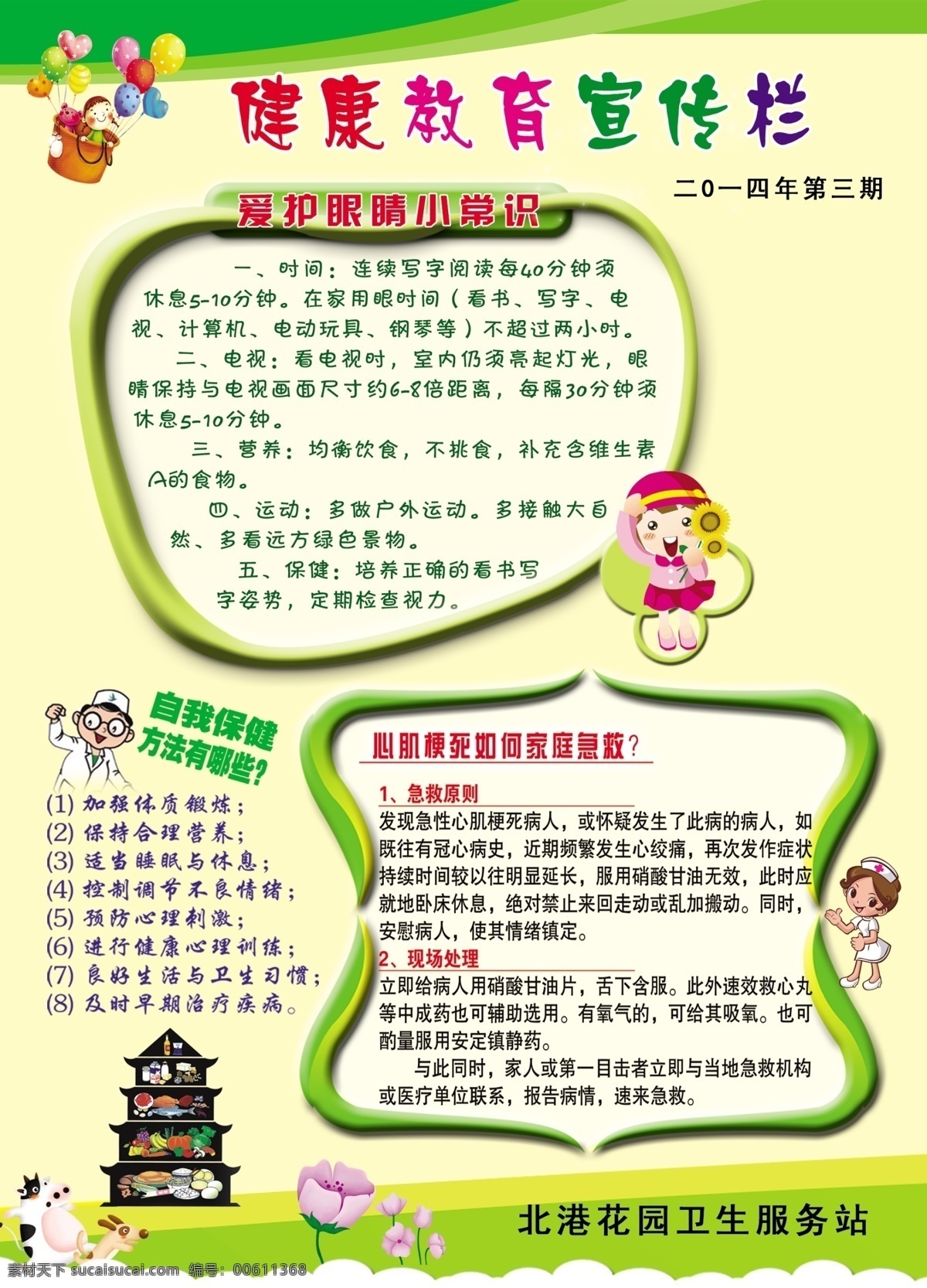 健康教育 宣传栏 爱护眼睛 心肌梗死 自我保健 善食宝塔 卡通护士
