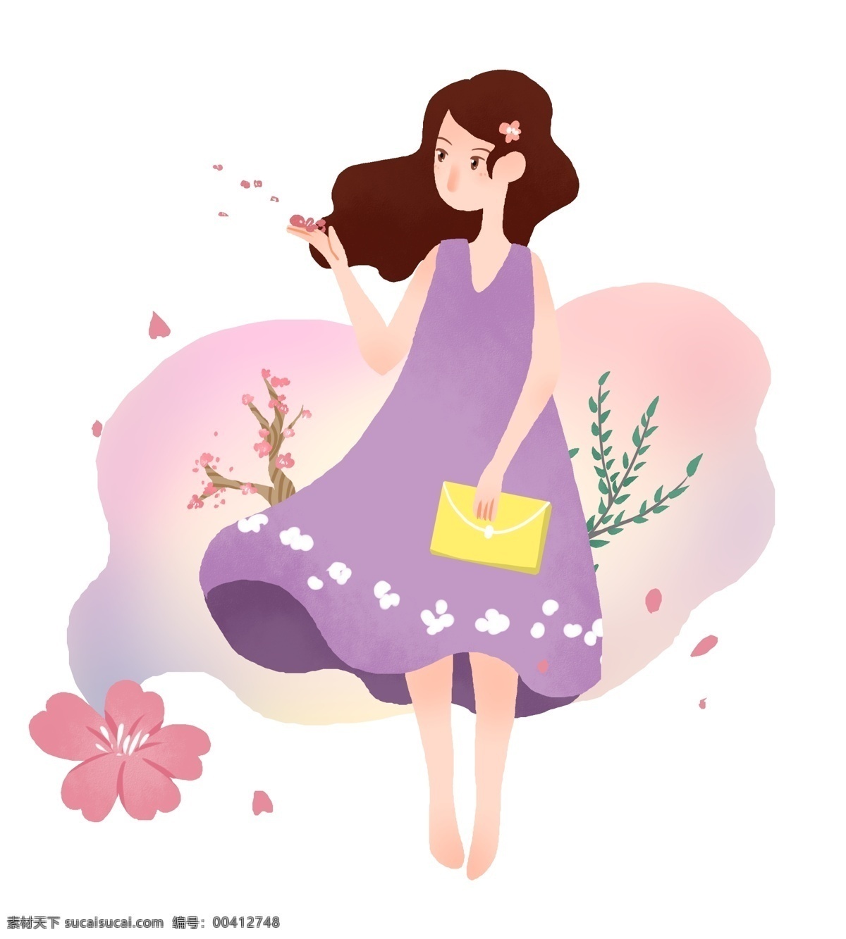 樱花节 漂亮 小女孩 人物 插画 漂亮的小女孩 粉色的樱花 黄色的包包 绿色的叶子 植物装饰