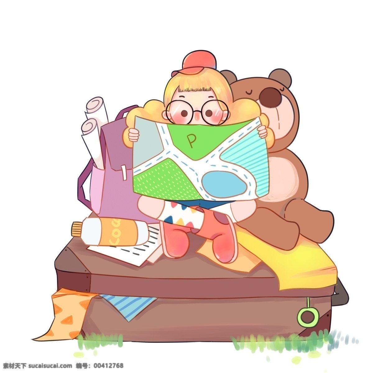 卡通 坐在 行李箱 上 旅行 女孩 彩绘 插画 地图 人物设计