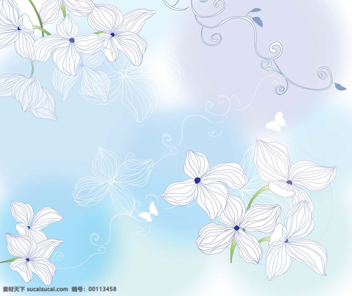 白花 淡雅 底纹边框 蝴蝶 花朵 花朵移门 蓝色背景 美丽花朵背景 线条花纹 时尚花纹 线条花 手绘 梦幻 移门 装饰 设计素材 移门图案 装饰素材