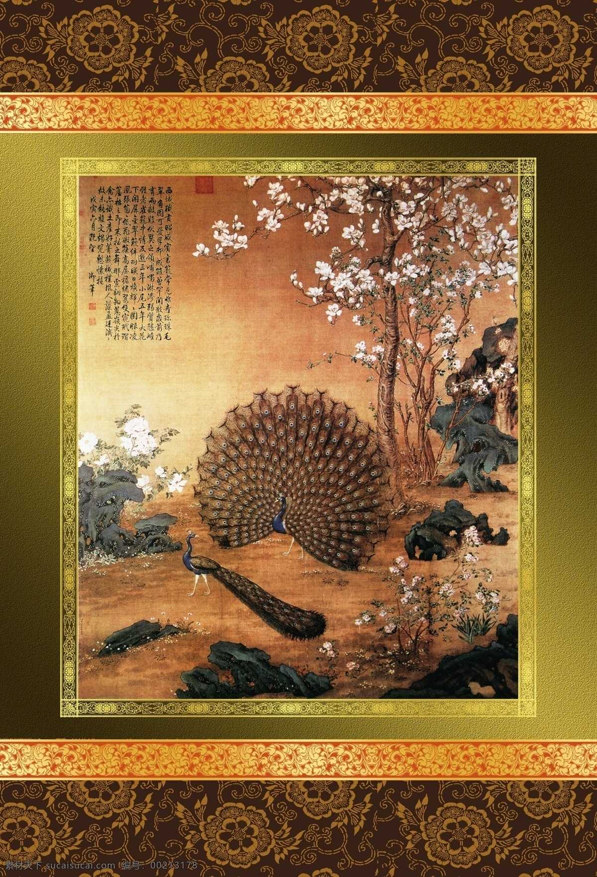 国画 孔雀 分层 不 精细 国画孔雀 底纹 边框 古典风格 中国元素 孔雀图 源文件