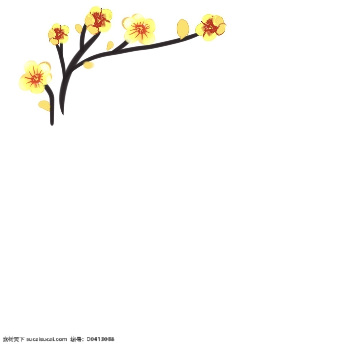 卡通 手绘 古风 黄梅 花 卡通手绘 植物 黄颜色 花骨朵 黑色树枝 竟相开放 梅花 盛开 冬季