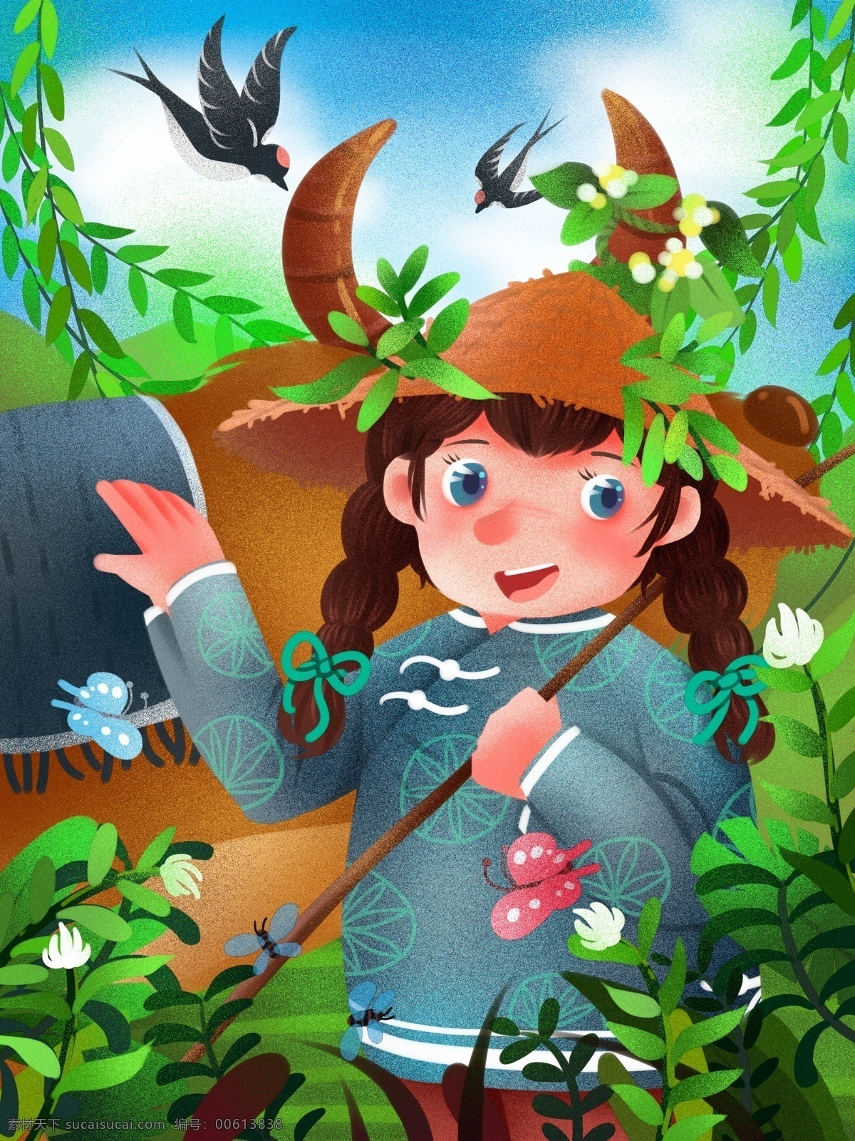 清明节 时节 野外 放牛 小孩 清新 肌理 插画 清明 扫墓 孩子 燕子 柳树 绿 植物