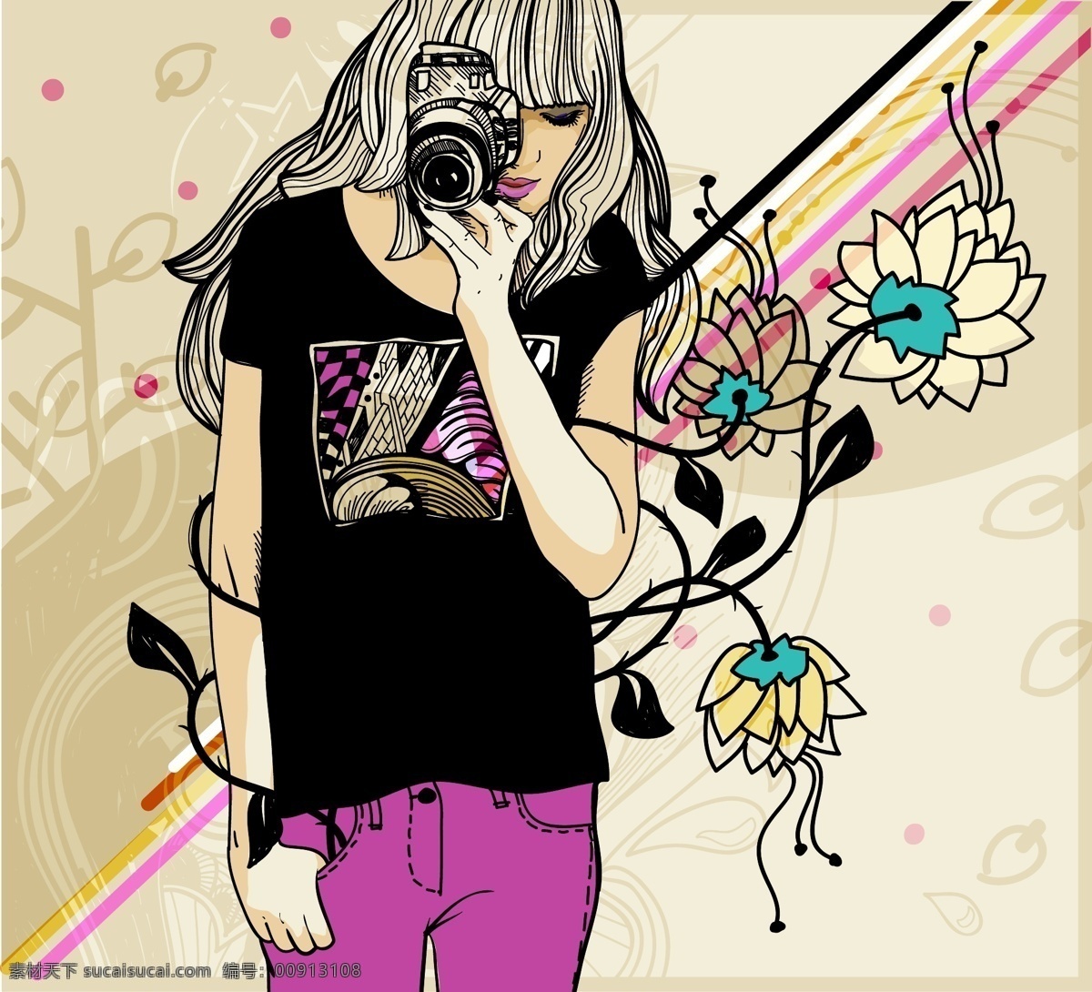 矢量 时尚 摄影师 彩绘 女孩 时尚女性 相机 彩绘少女 矢量图 其他矢量图