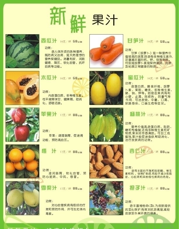 新鲜果汁 鲜榨饮品 果汁 鲜榨果汁 果汁功效 矢量水果 健康 绿色 矢量图库 果汁海报 餐饮 菜单菜谱 矢量