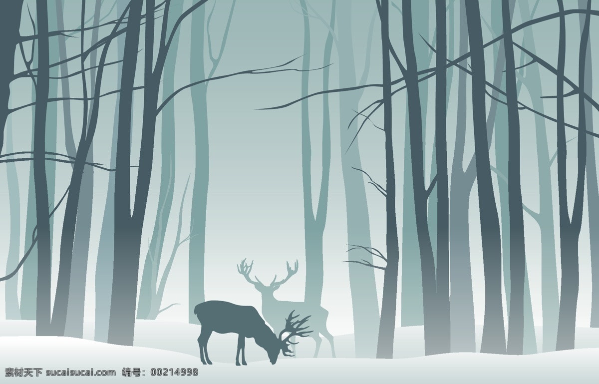 北欧 森林 麋鹿 装饰画 小清新 森系 树木 渐变色 创意设计 绘画 室内装饰画