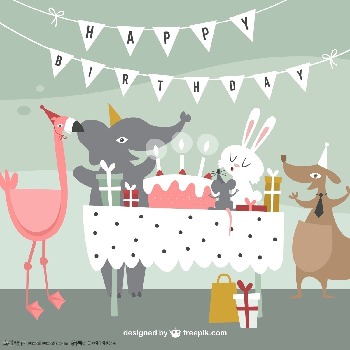 可爱 动物 生日 派对 矢量 三角拉旗 大象 火烈鸟 袋鼠 兔子 老鼠 礼物 生日蛋糕 happy birthday 矢量图 最新矢量图 画册设计