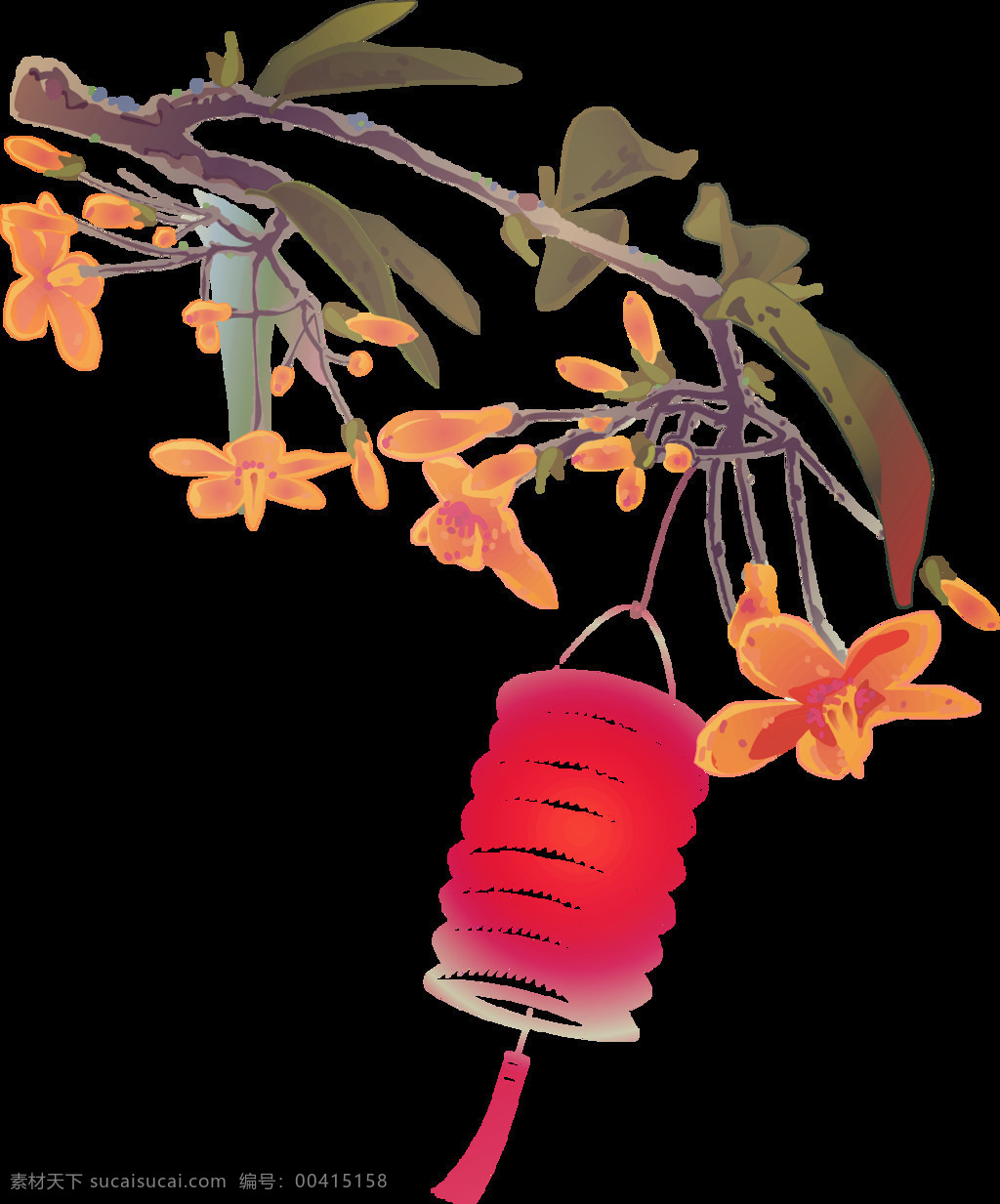 清新 玫 红色 折叠 灯笼 节日 元素 褐色树枝 黄色花朵 节日元素 折叠灯笼